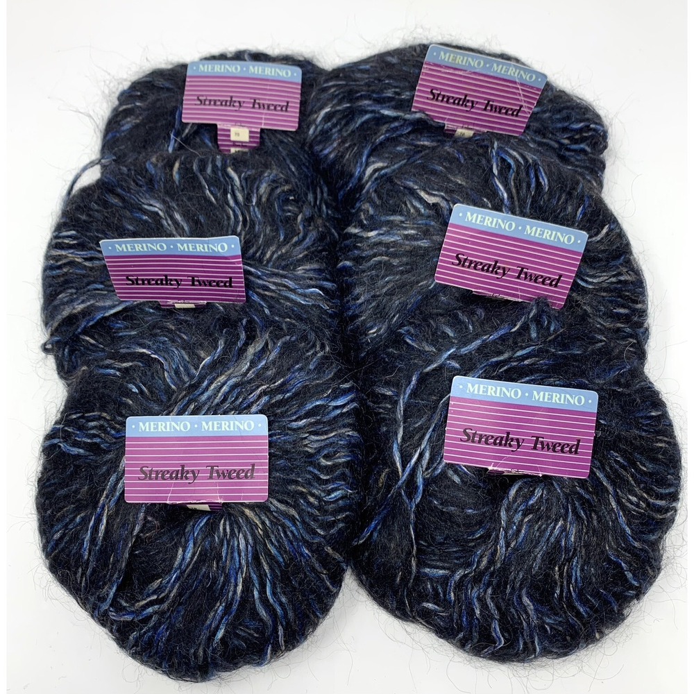 Lot of 6 Vintage Streaky Tweed Mohair Blend Merino Blue Black Yarn Skeins 50g ea